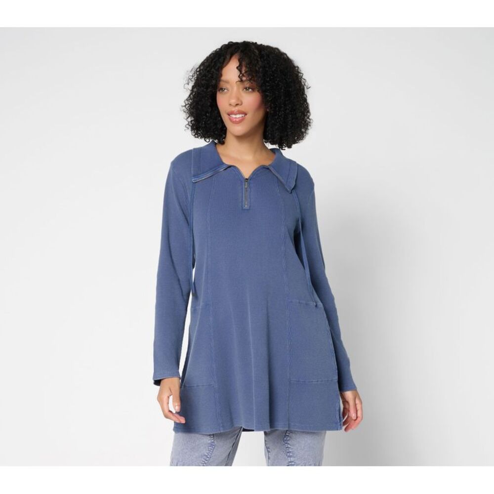Fashion Women's Top Sz M Cotton Zip Waffle Blue